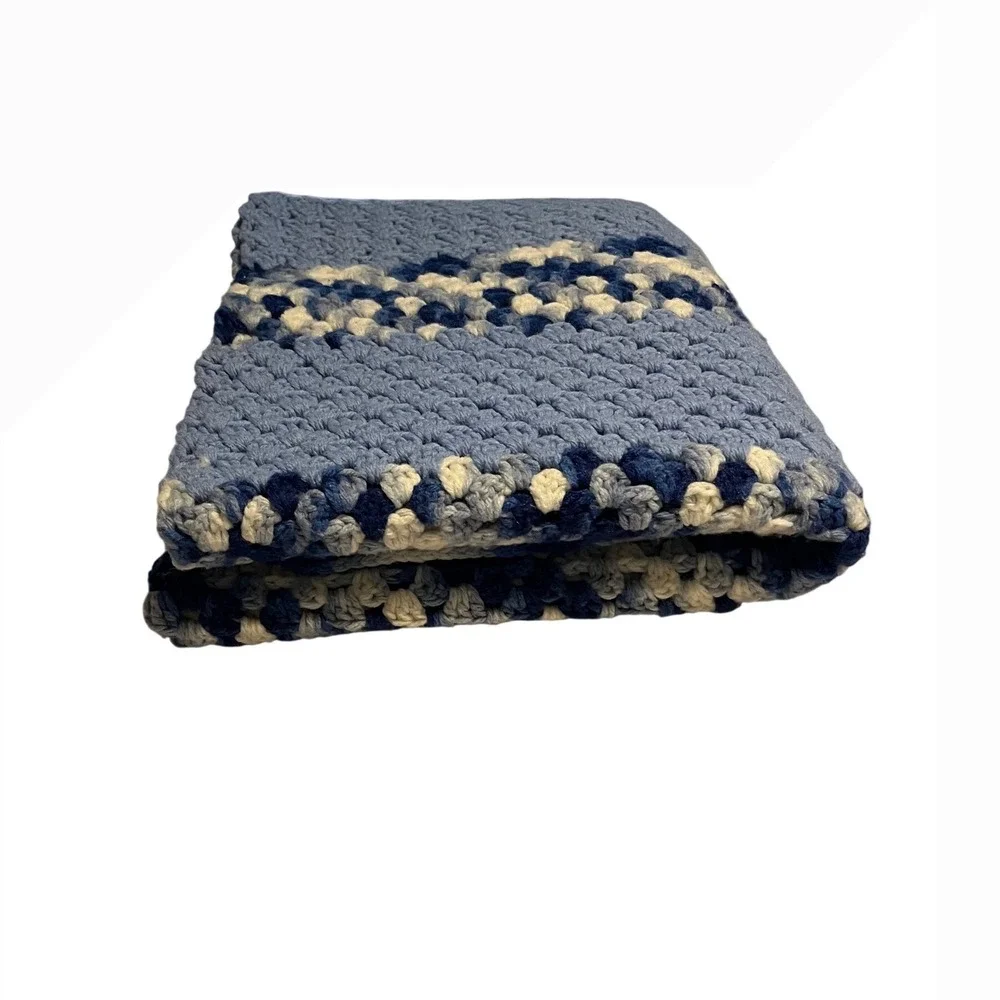 Handmade Crochet Throw Blanket Unisex‎ 48x39 Blue Striped Excellent Afghan